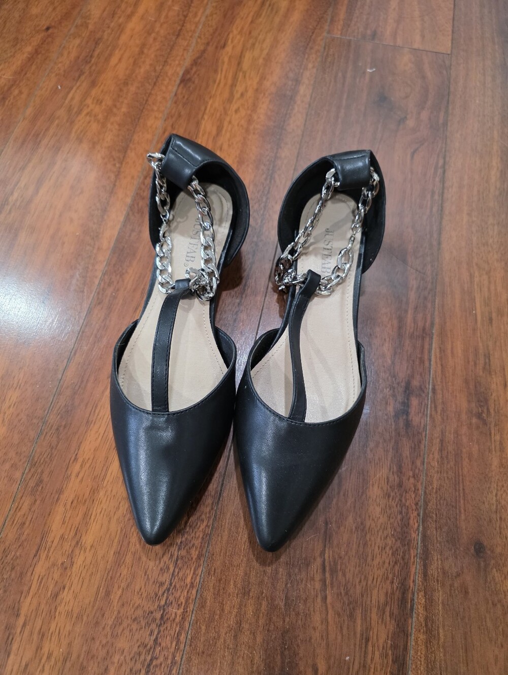 Black faux leather D'Orsay flats With Silver Chain Accent Straps